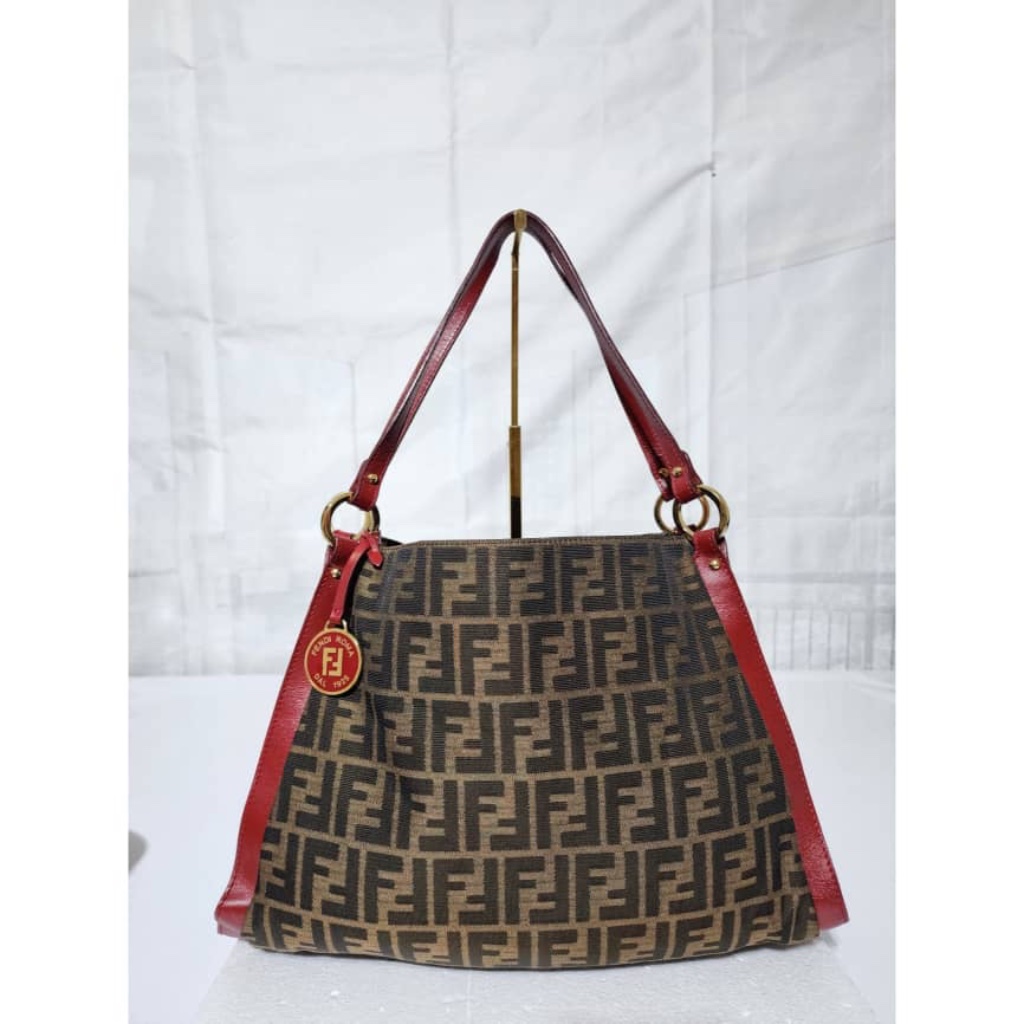 Authentic Fendi Zucca Print Canvas Medium Tote Bag Brown/Burgundy